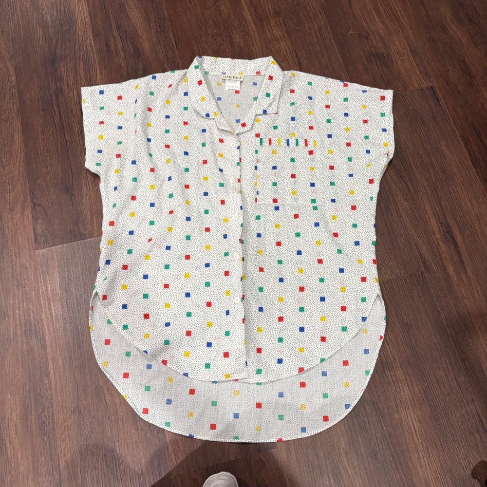 Vintage 80s Oak Hill Memphis Geometric Confetti Primary Square Blouse USA 12